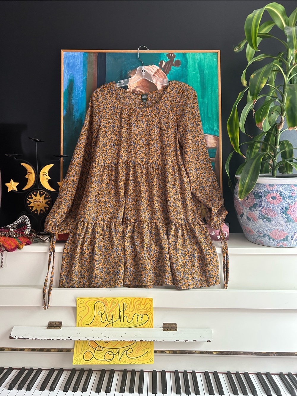 Wild Fable Mustard Floral Tiered Midi Dress Women’s Medium Boho Cottagecore - Picture 9 of 16
